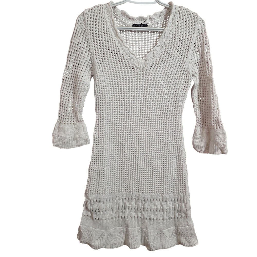 Caramelo White Crochet Knit Mini Dress V-Neck 3/4 Bell Sleeve Boho Cover Up M